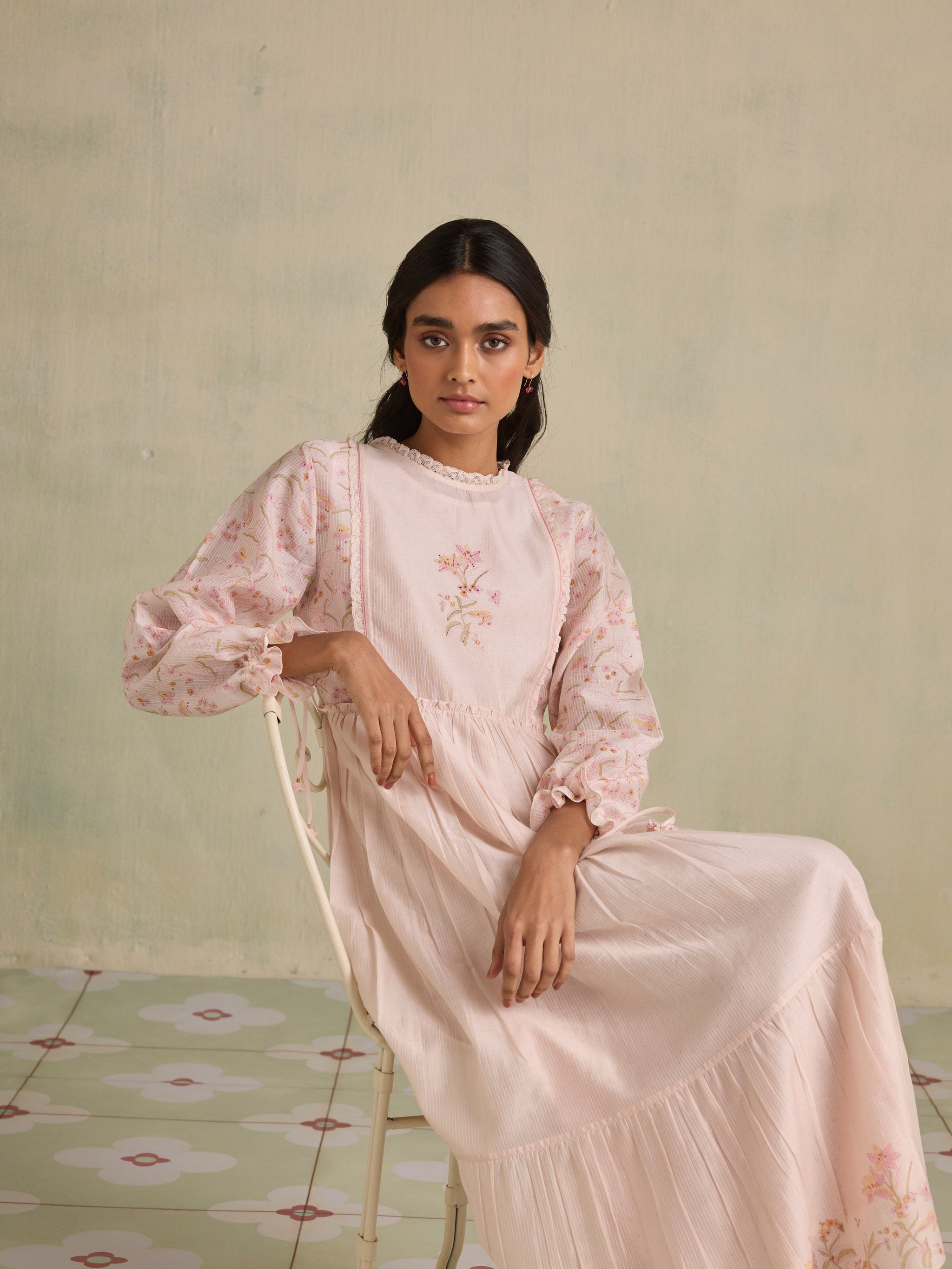 embroidered cornelli tape woven dress Shining Self Midi Dress | Delicate Floral Embroidery