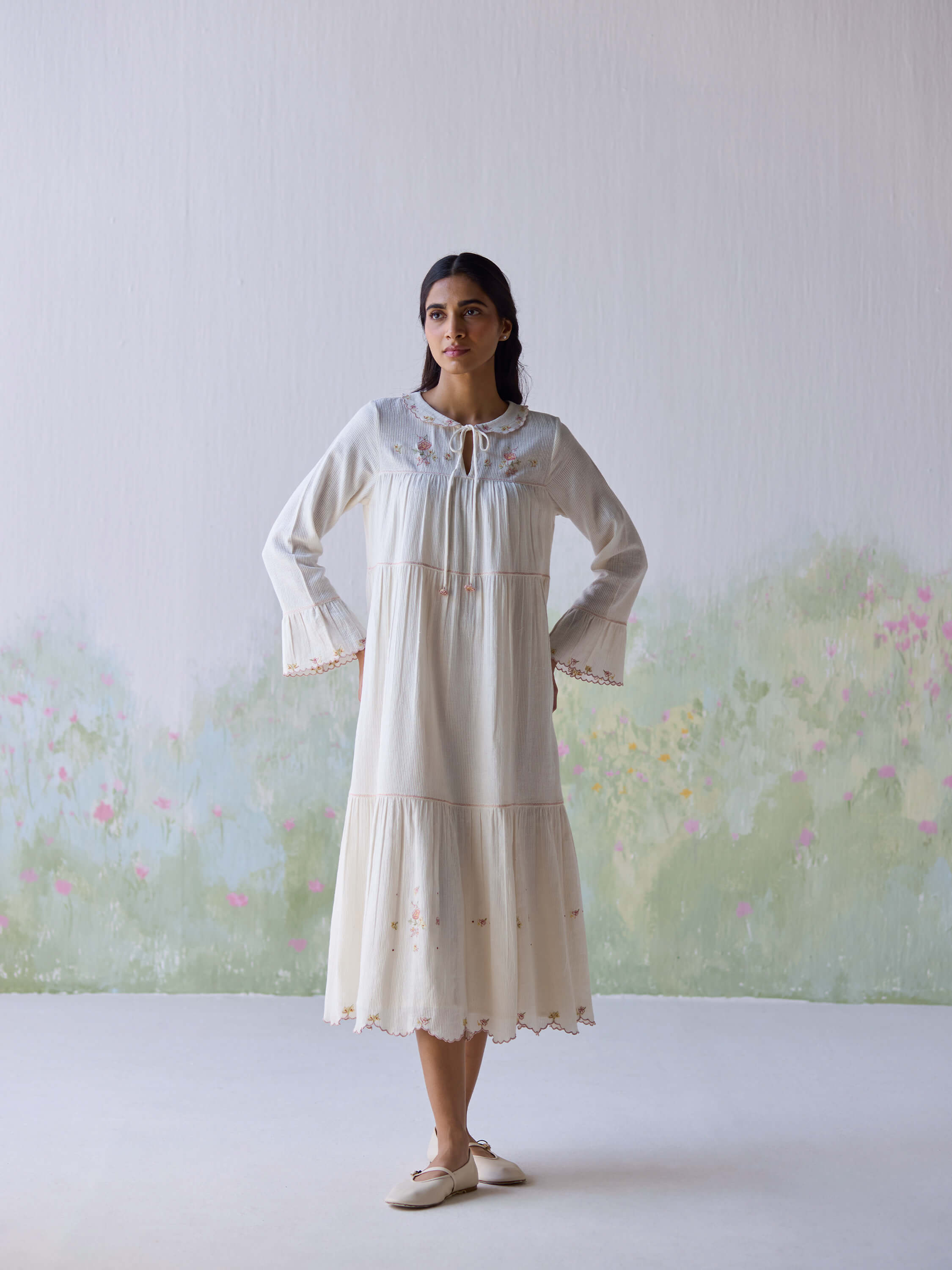 Adagio Tier Midi Dress with floral embroidery, perfect for casual elegance.