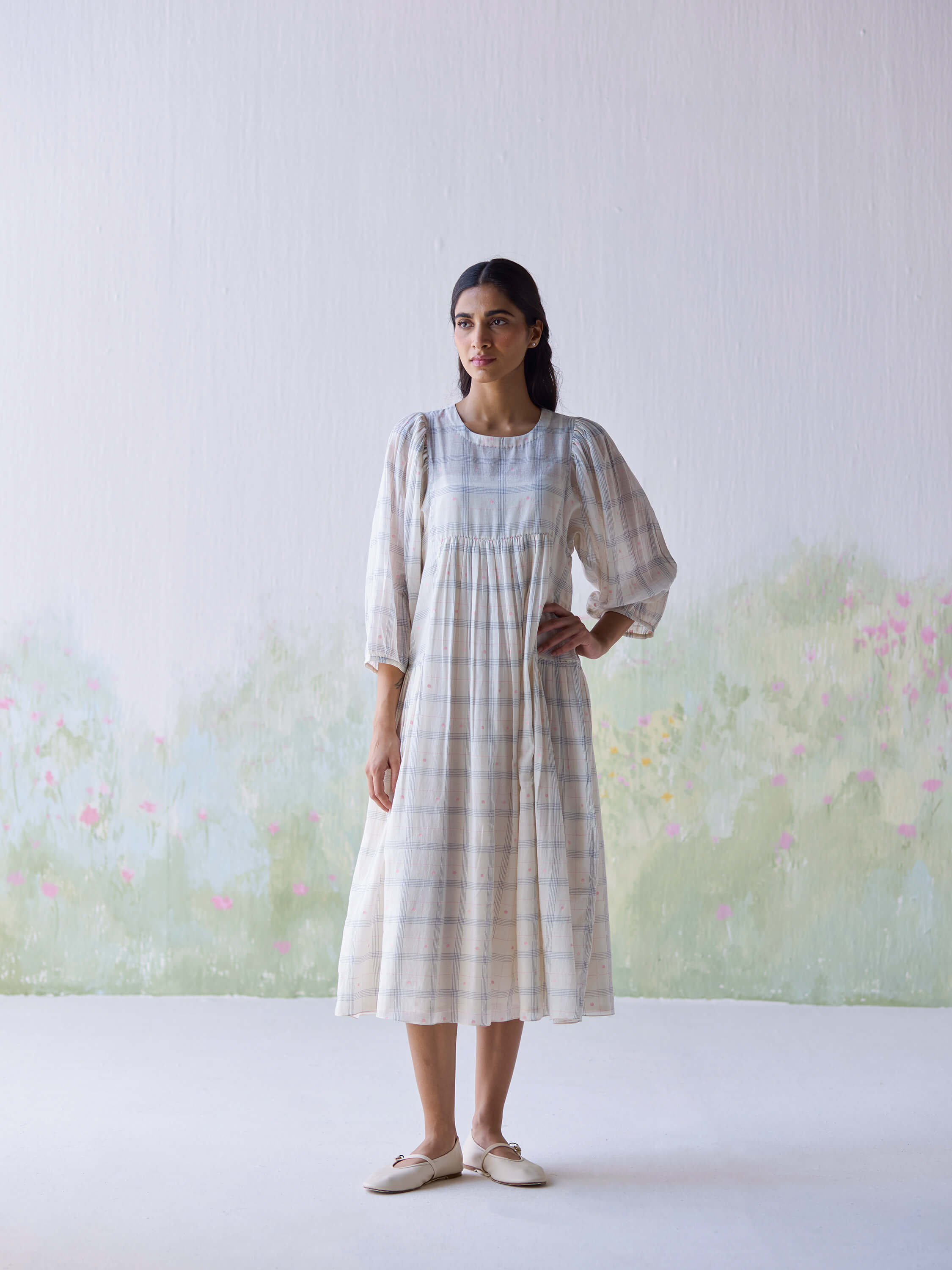 Elegant Jamdani dress with puff sleeves, perfect for gentle days.