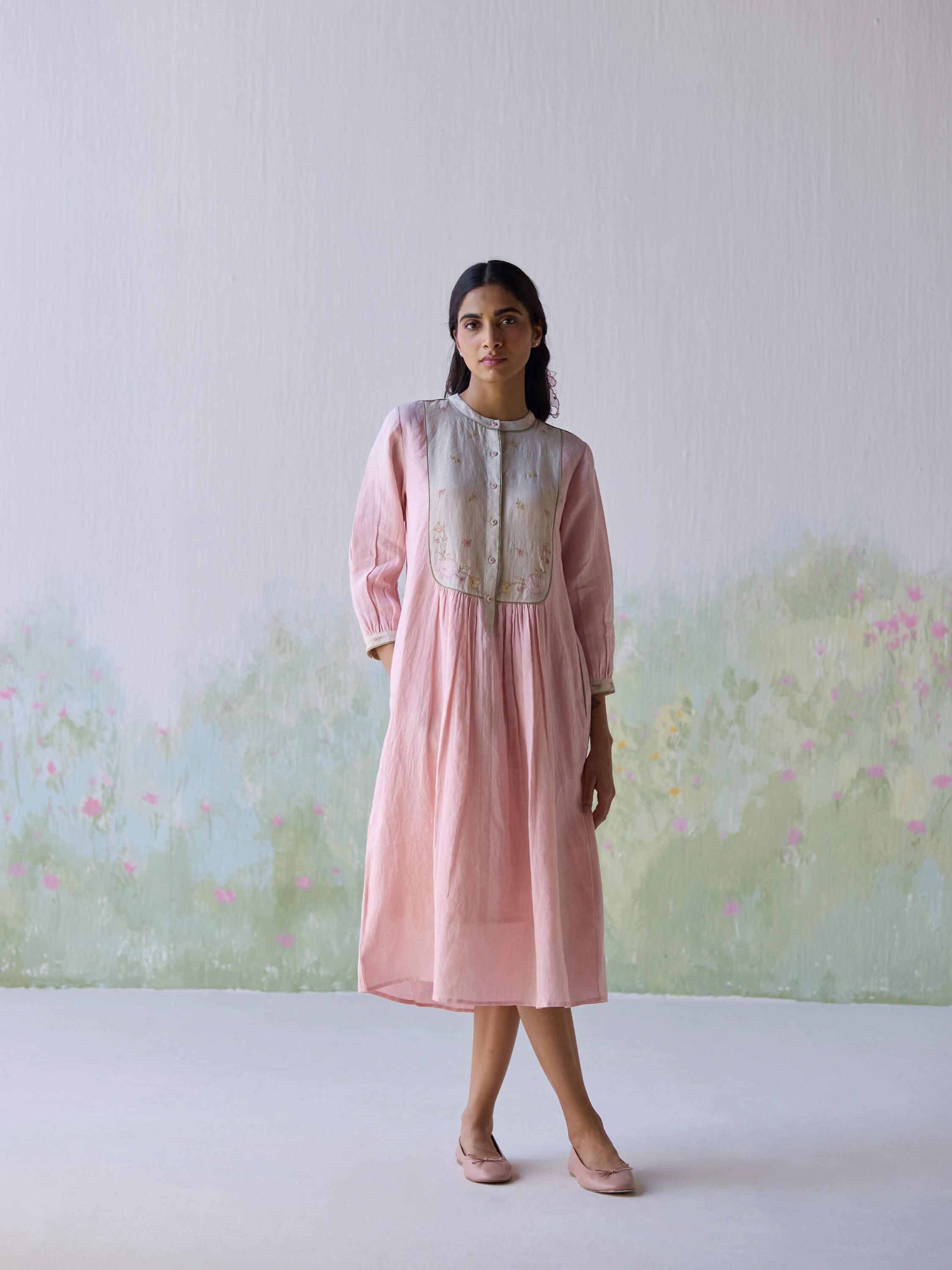 "In the Moment Linen Dress in soft pink with embroidered details."