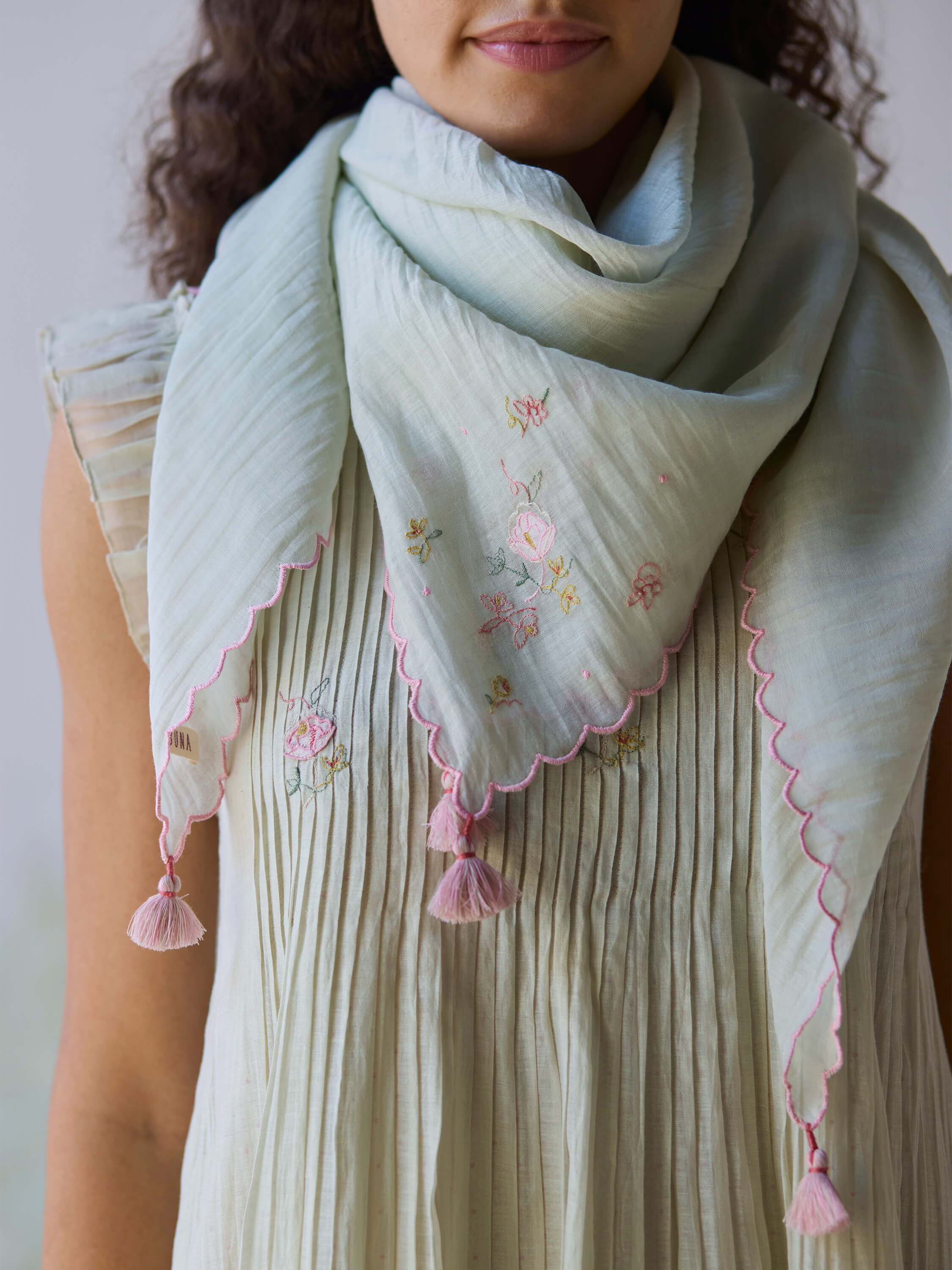 Minty Breeze Scarf with pastel colors and floral embroidery.