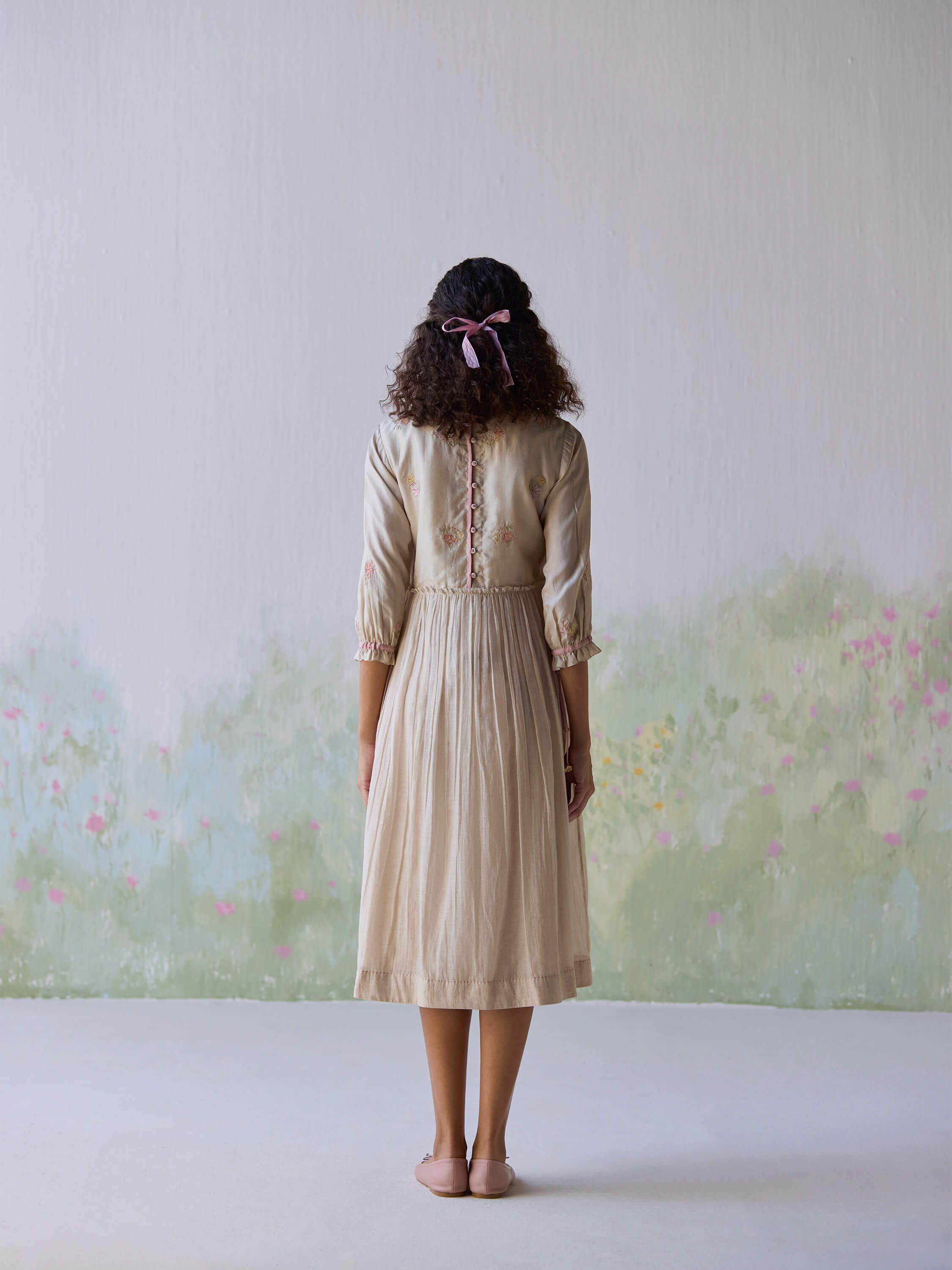 Sonata Embroidered Dress showcasing elegant back design and soft fabric.