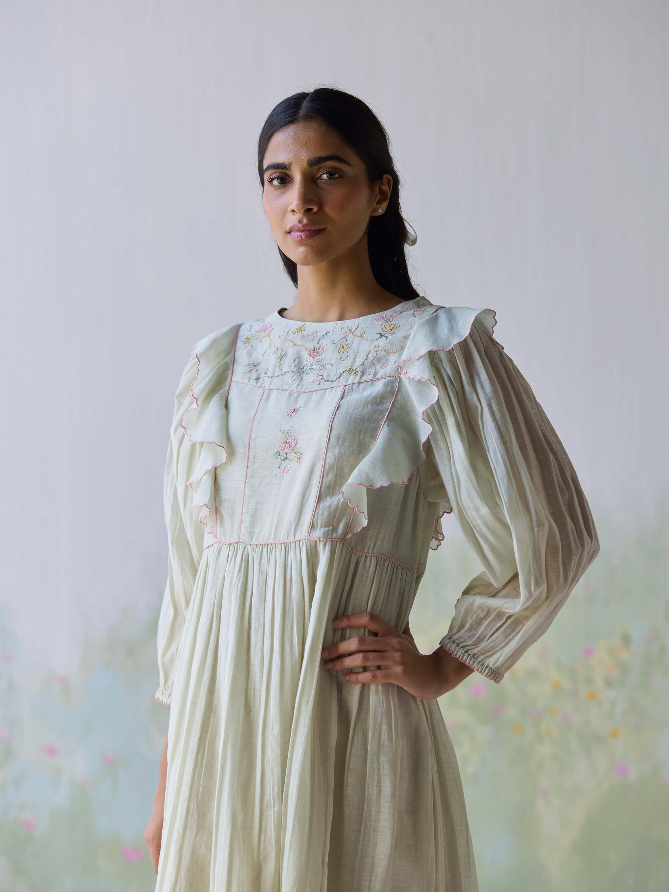 Elegant Sound of Music Midi Dress with floral embroidery and ruffled sleeves.