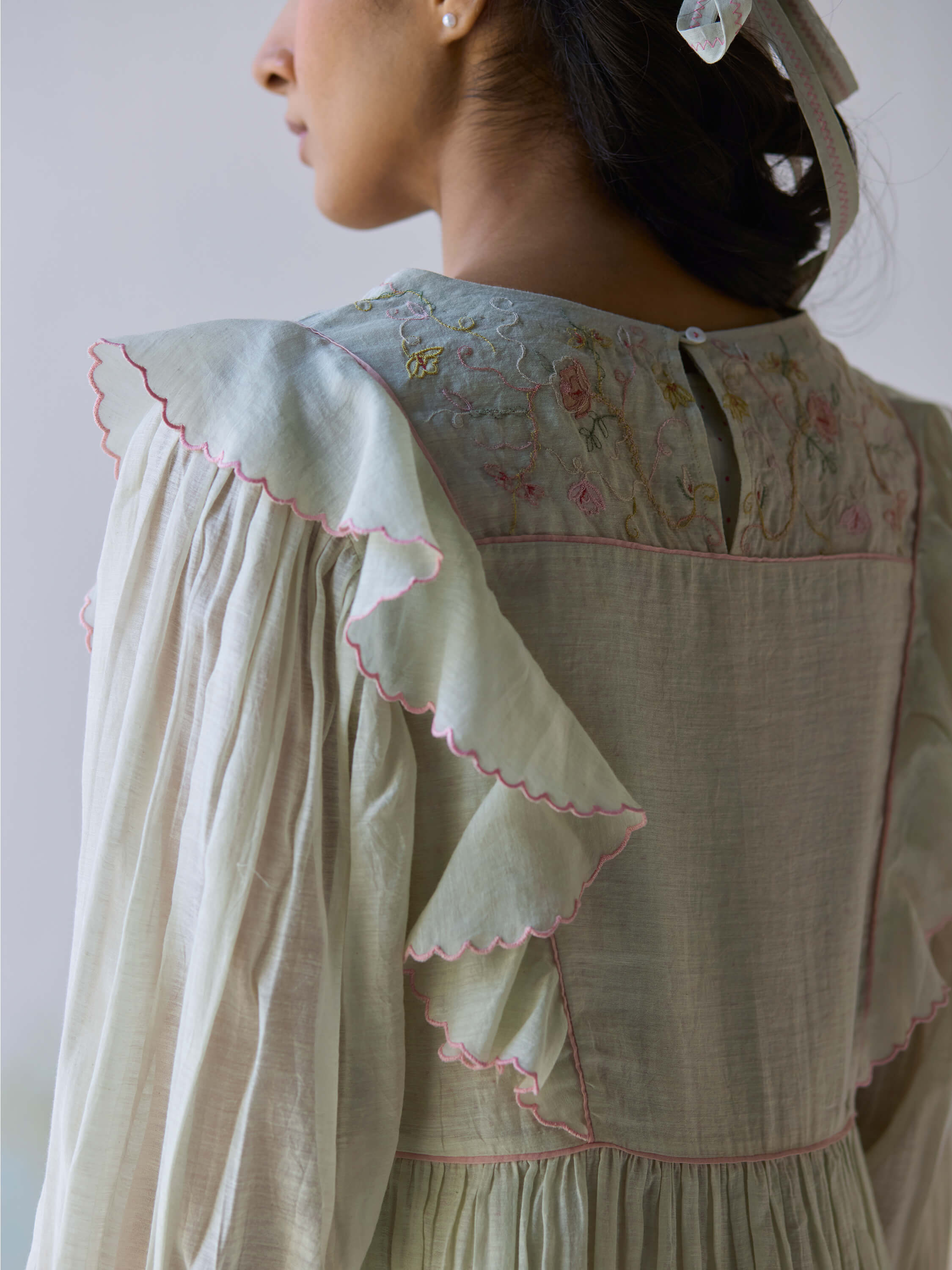 Sound of Music Midi Dress with delicate embroidery and ruffled sleeves.