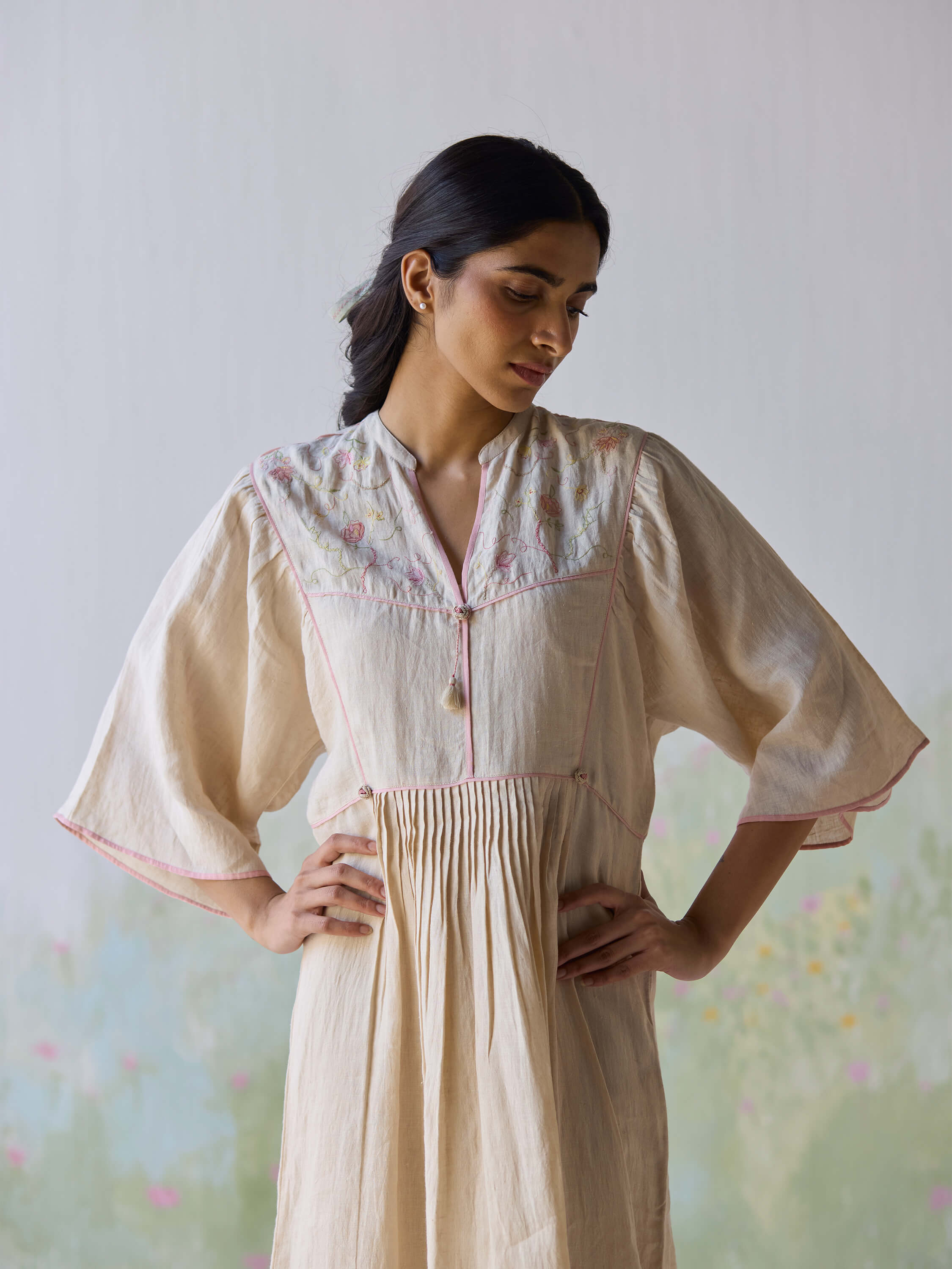 Sweetly Embroidered Kaftan Dress with floral designs and relaxed fit.