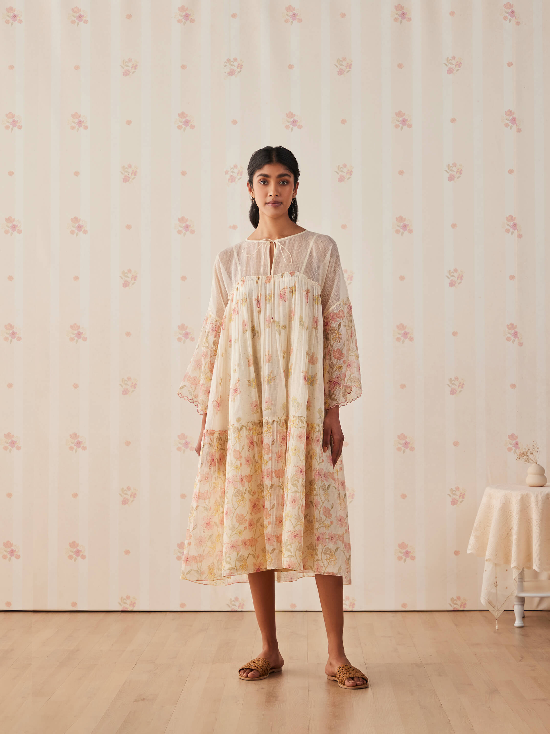Floral long dress with sheer top, feminine fashion, boho chic style