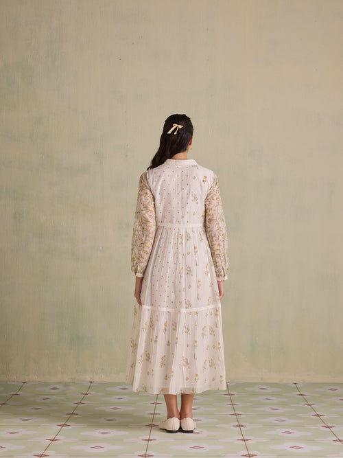 Botanical Print Shirt Collar Button Midi Dress