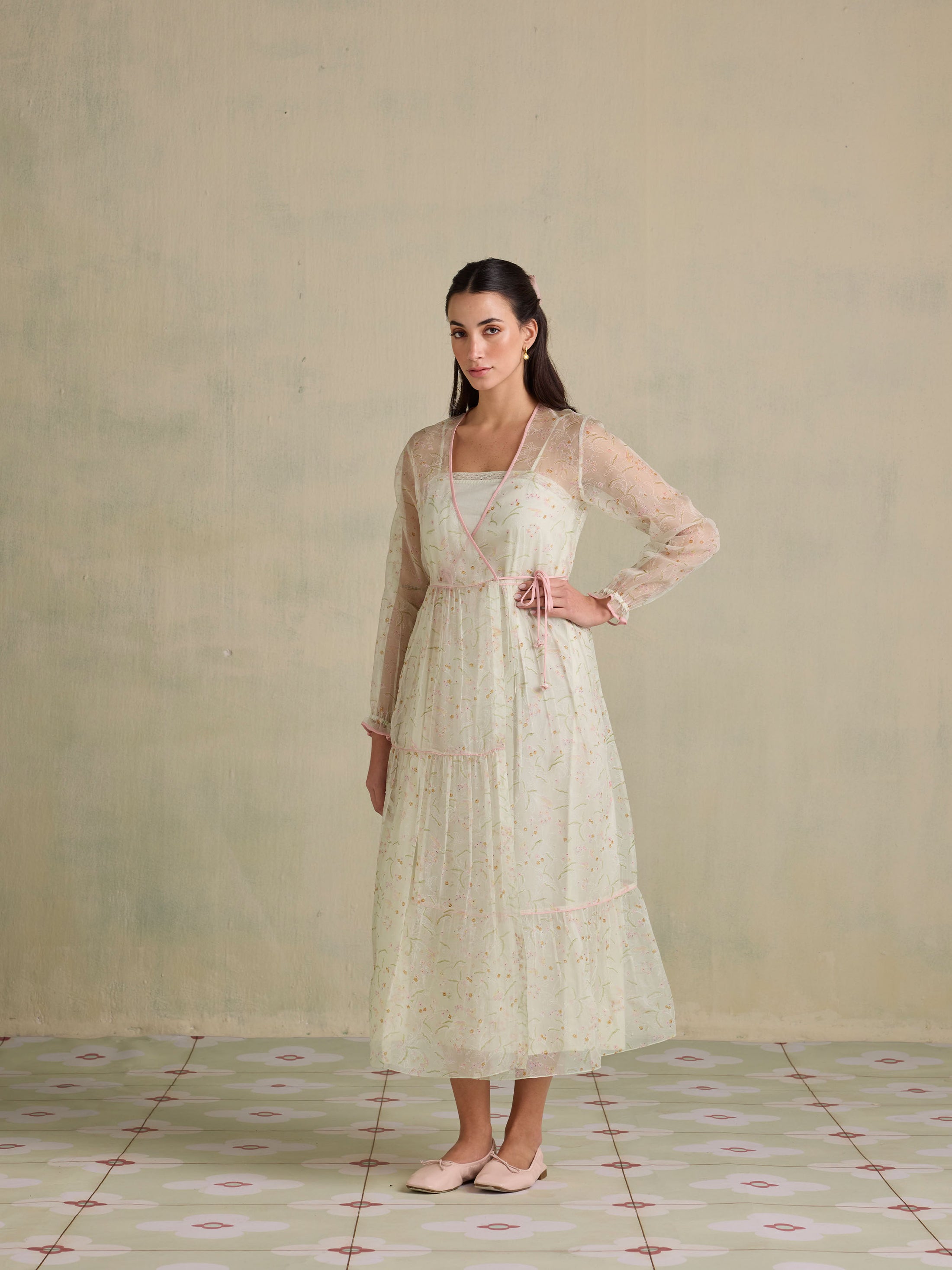 Printed organza wrap dress with camisole