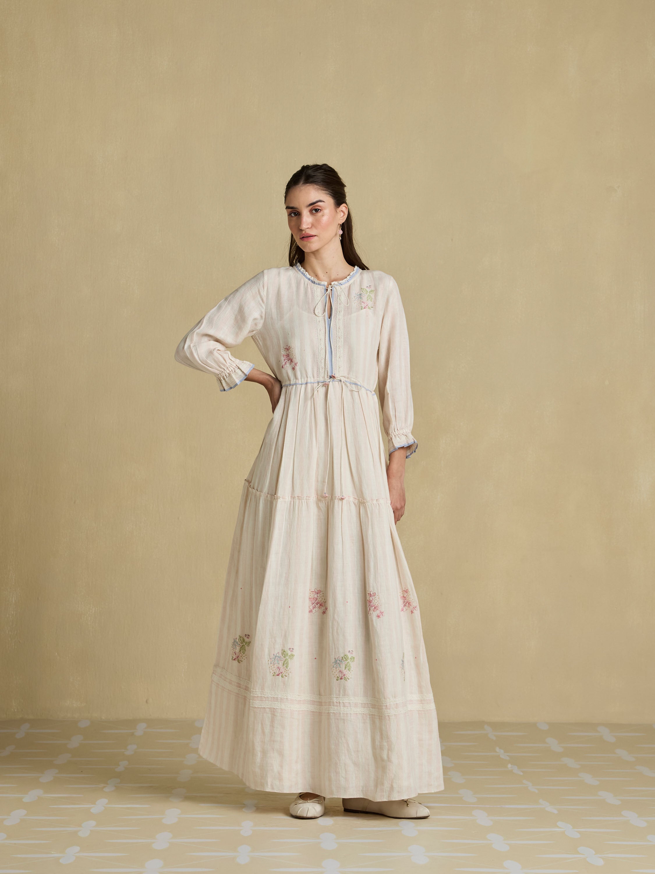 Aoki Linen Maxi Dress | Handwoven Linen with Patchwork Embroidery