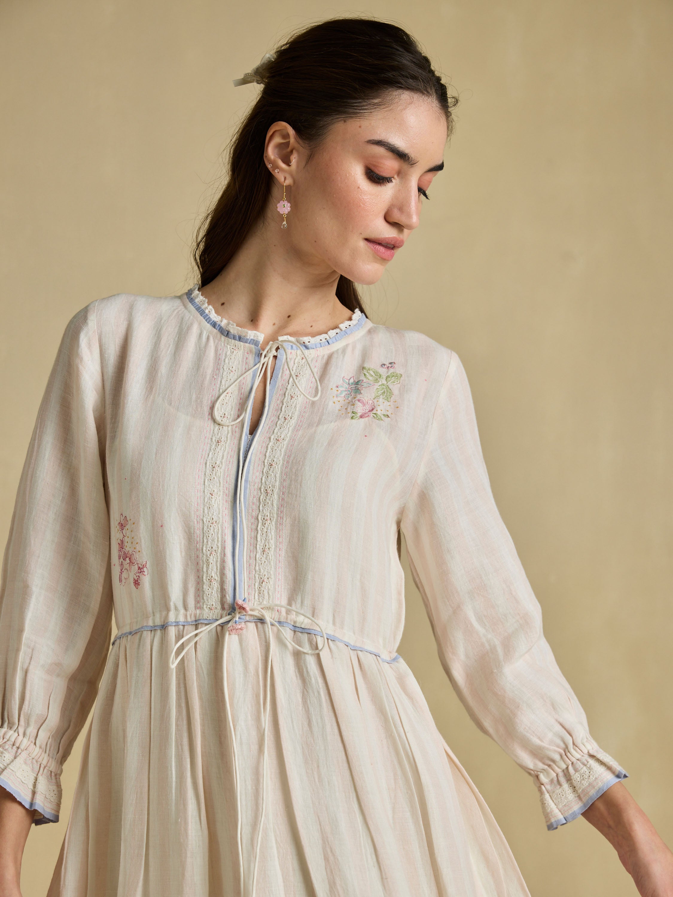 Aoki Linen Maxi Dress | Handwoven Linen with Patchwork Embroidery