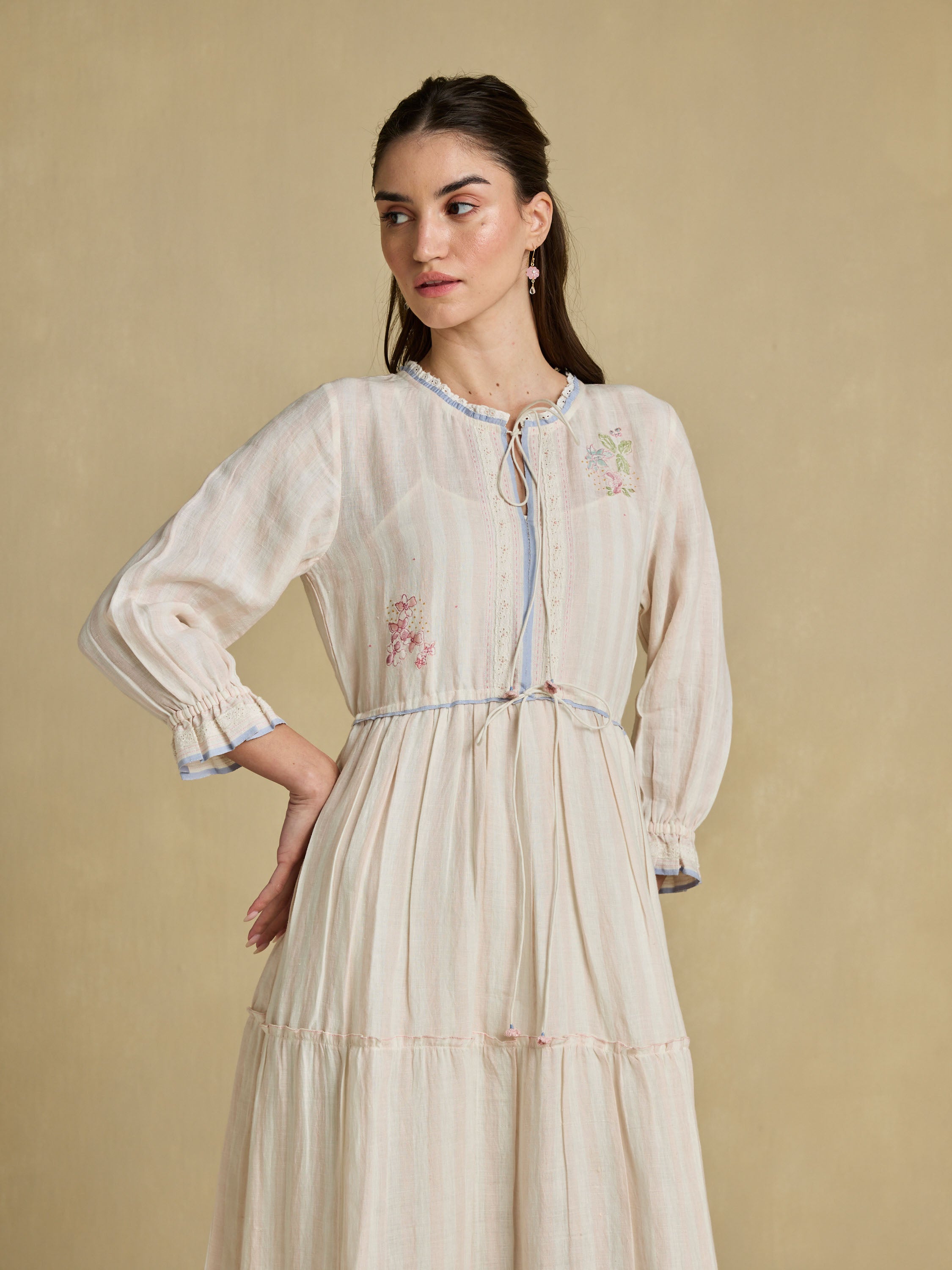 Aoki Linen Maxi Dress | Handwoven Linen with Patchwork Embroidery