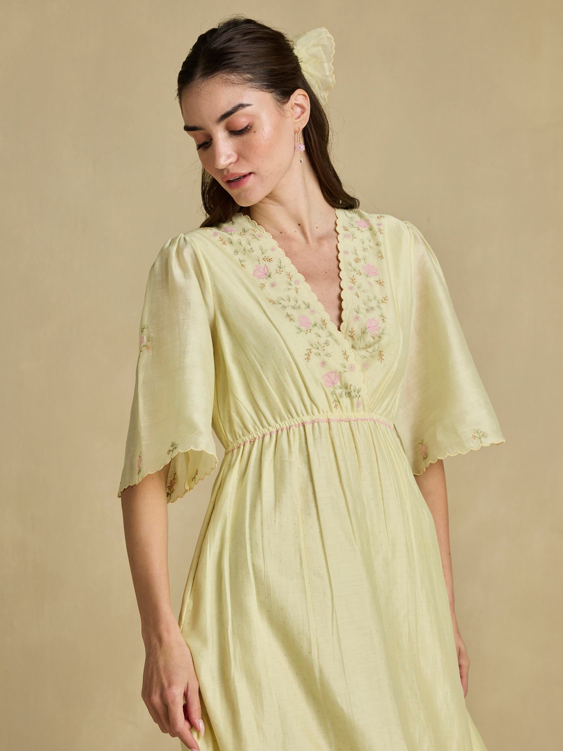 Golden Path Wrap Dress | Handcrafted Cotton Embroidered Wrap Midi Dress for Women | Buna Golden Path Wrap Dress | Handcrafted Cotton Embroidered Wrap Midi Dress for Women | Buna