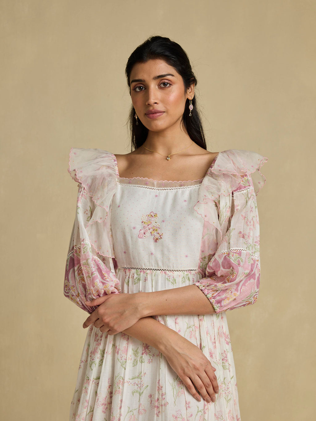 handcrafted blush midi dress Garden Hymn Ruffle Midi Dress | Floral Cotton Embroidered Dress for Women