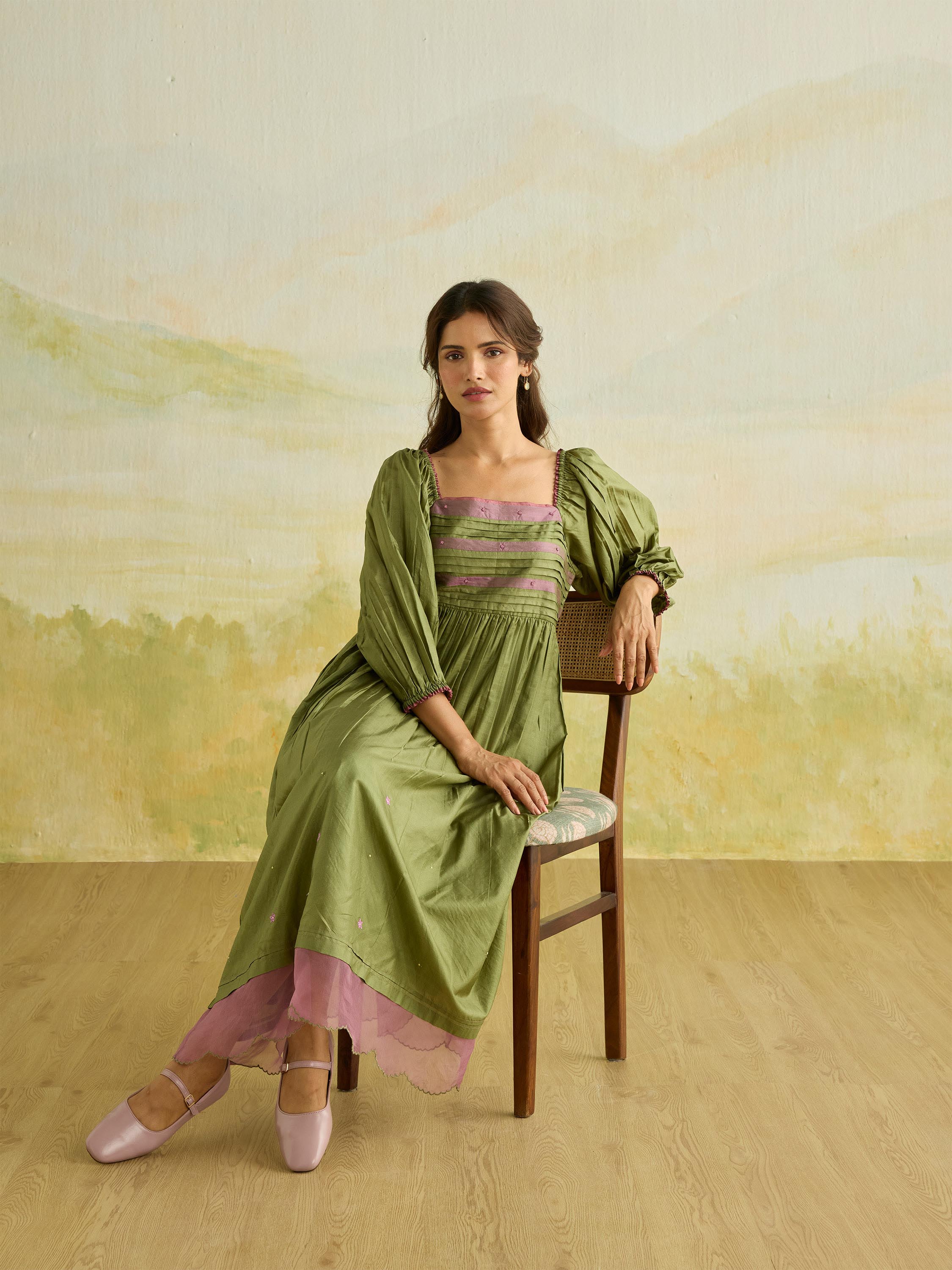 Leafveil Silk Midi Dress