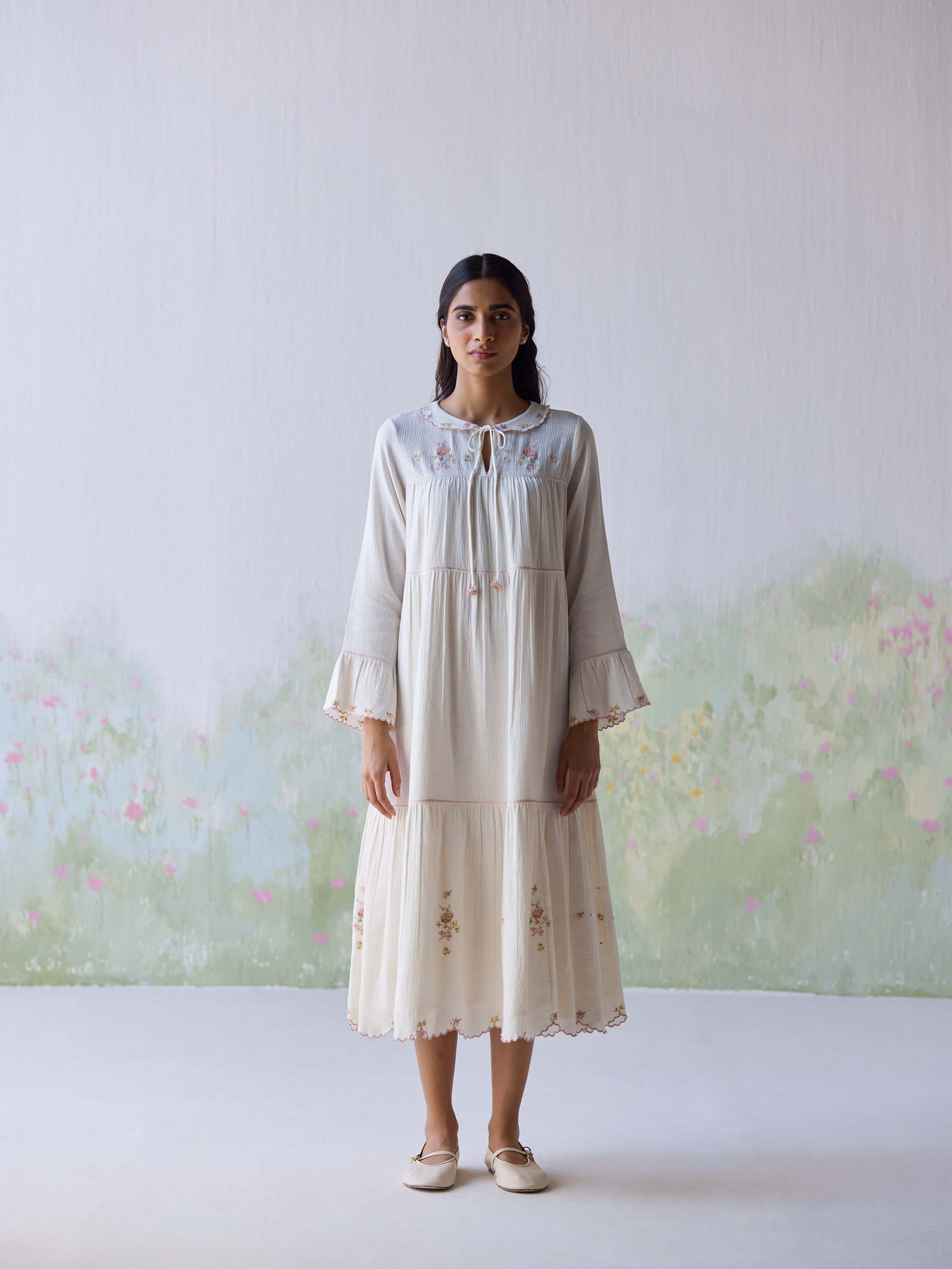 Adagio Tier Midi Dress featuring delicate embroidery and vintage-inspired design.