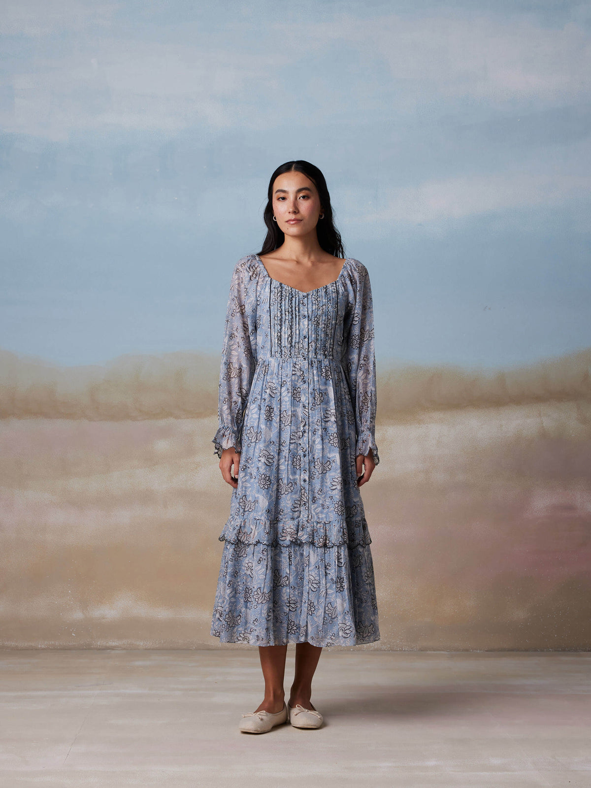 Blue Bird Peasant Midi Dress: Shop Elegant Floral Dresses
