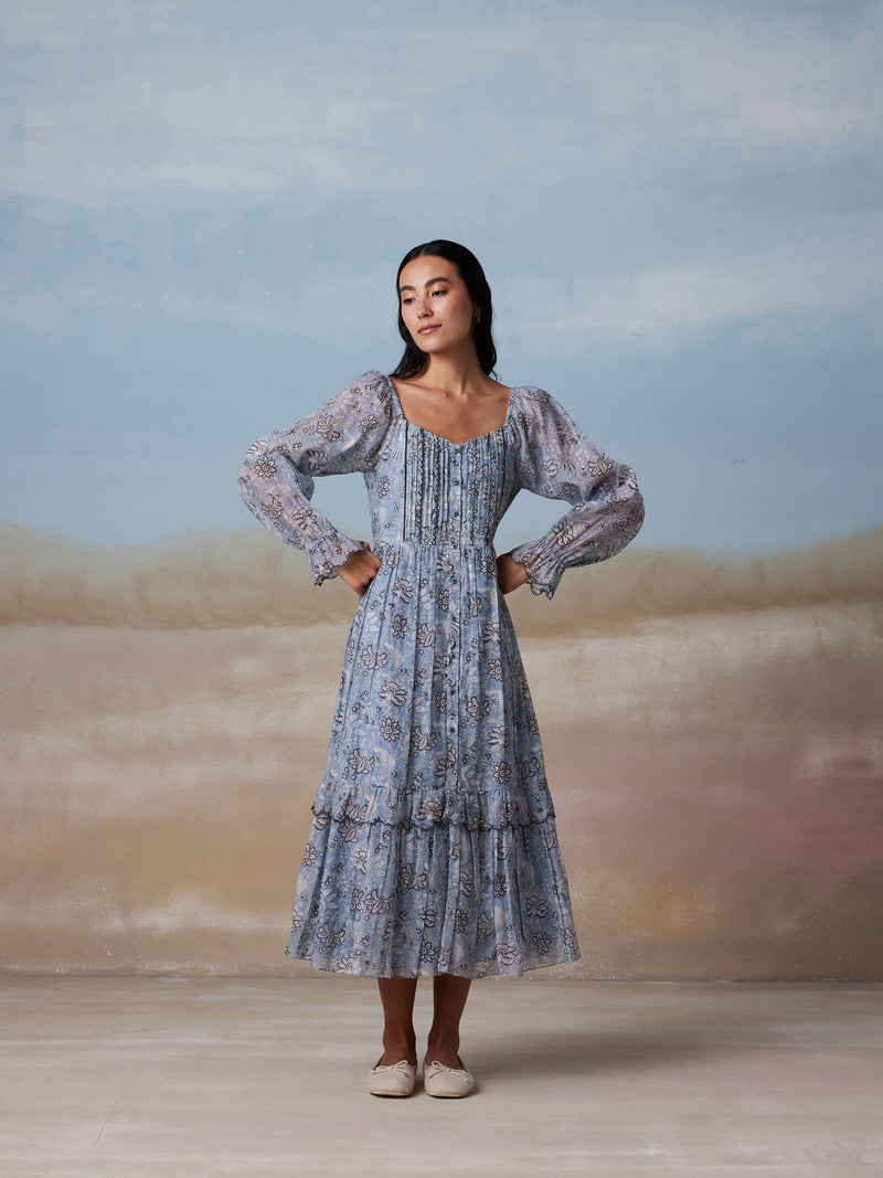 Blue Bird Peasant Dress