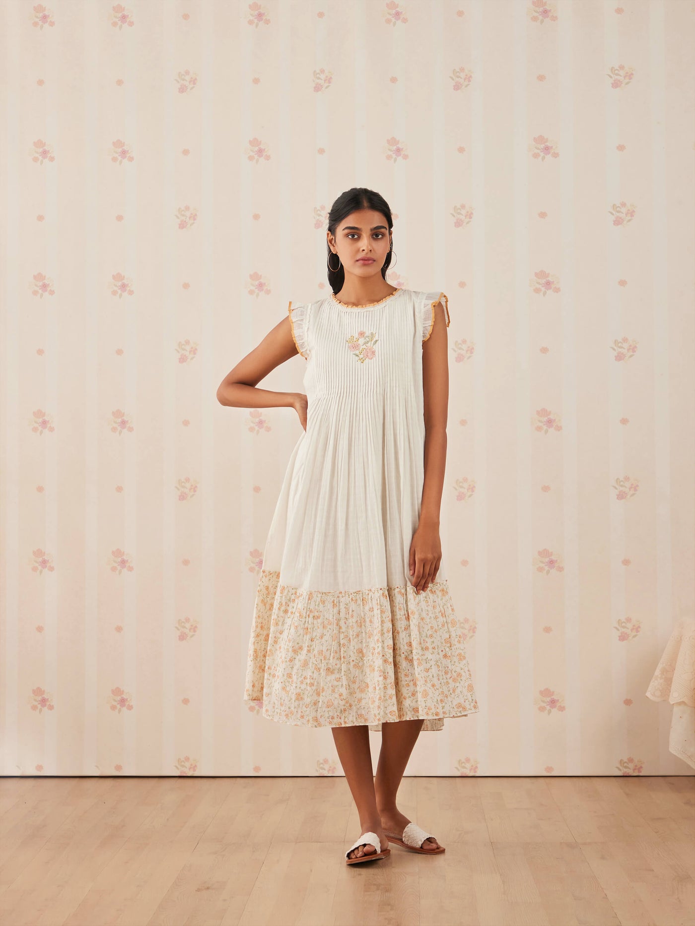 Flower Graphic Flutter Trim Sleeveless Dress With Bow main image 0