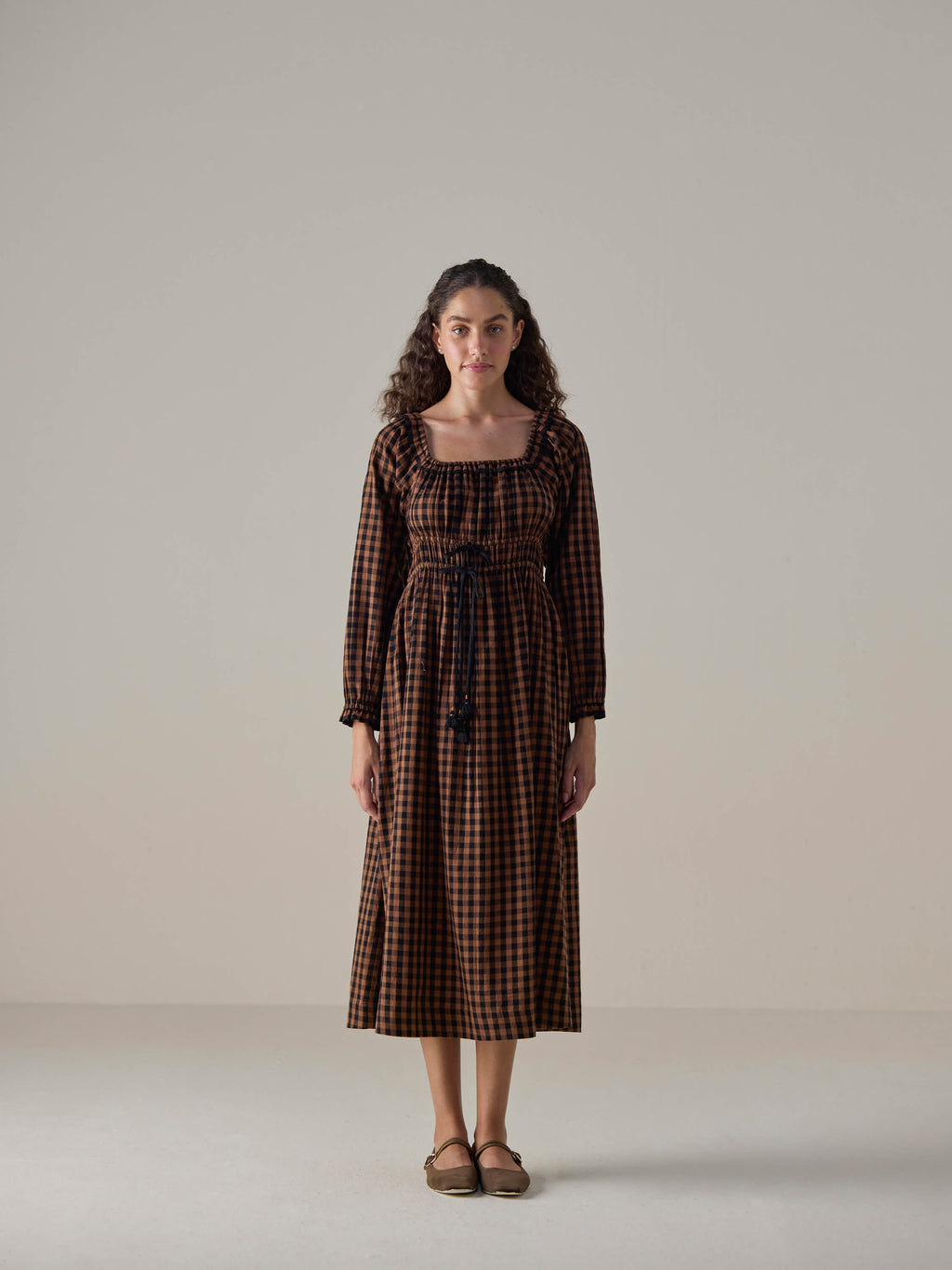 Mocha Check Shirred Dress | Fall 24 | Collection: Folktale | Buna Studio