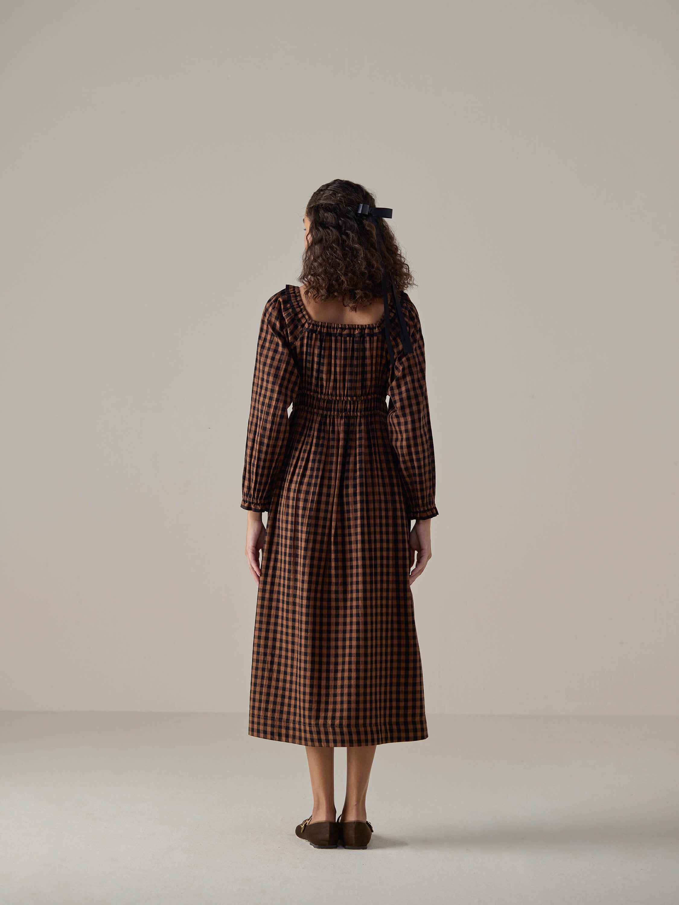 Mocha Check Shirred Dress