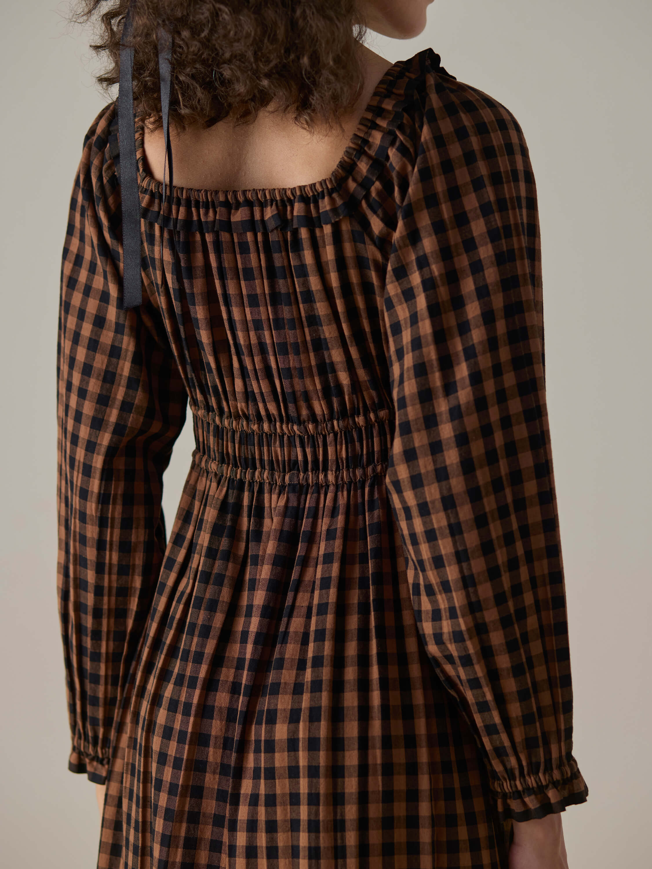 Mocha Check Shirred Dress
